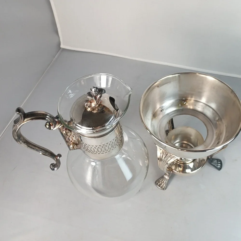 Vtg MCM Style Silver Plated & Glass Coffee Tea Carafe with Footed Warmer Stand